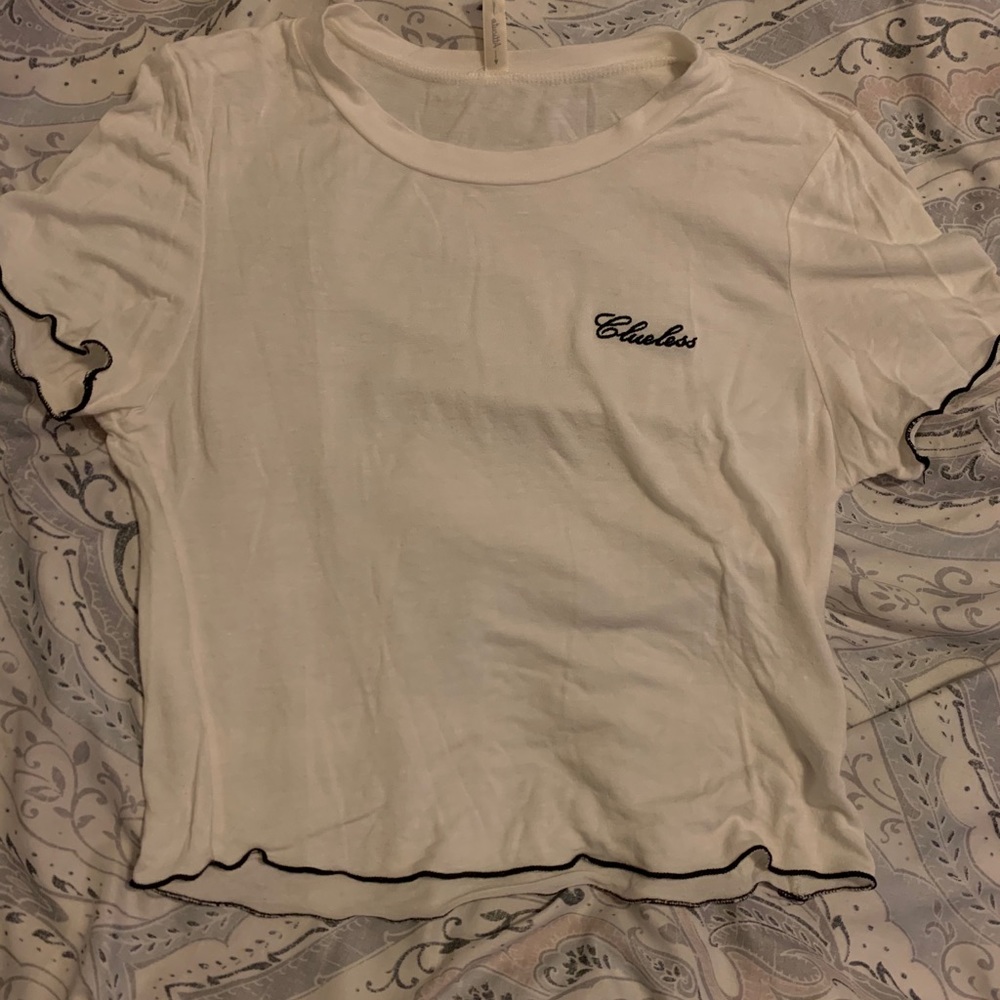 White “clueless” short sleeve crop top